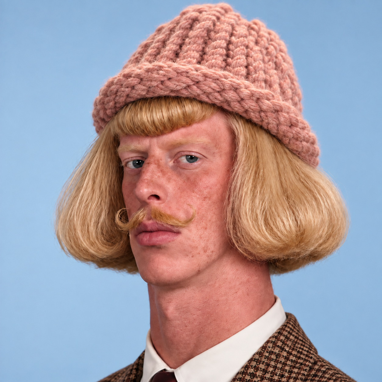 Jeanphilwifhat in a pink knitted hat